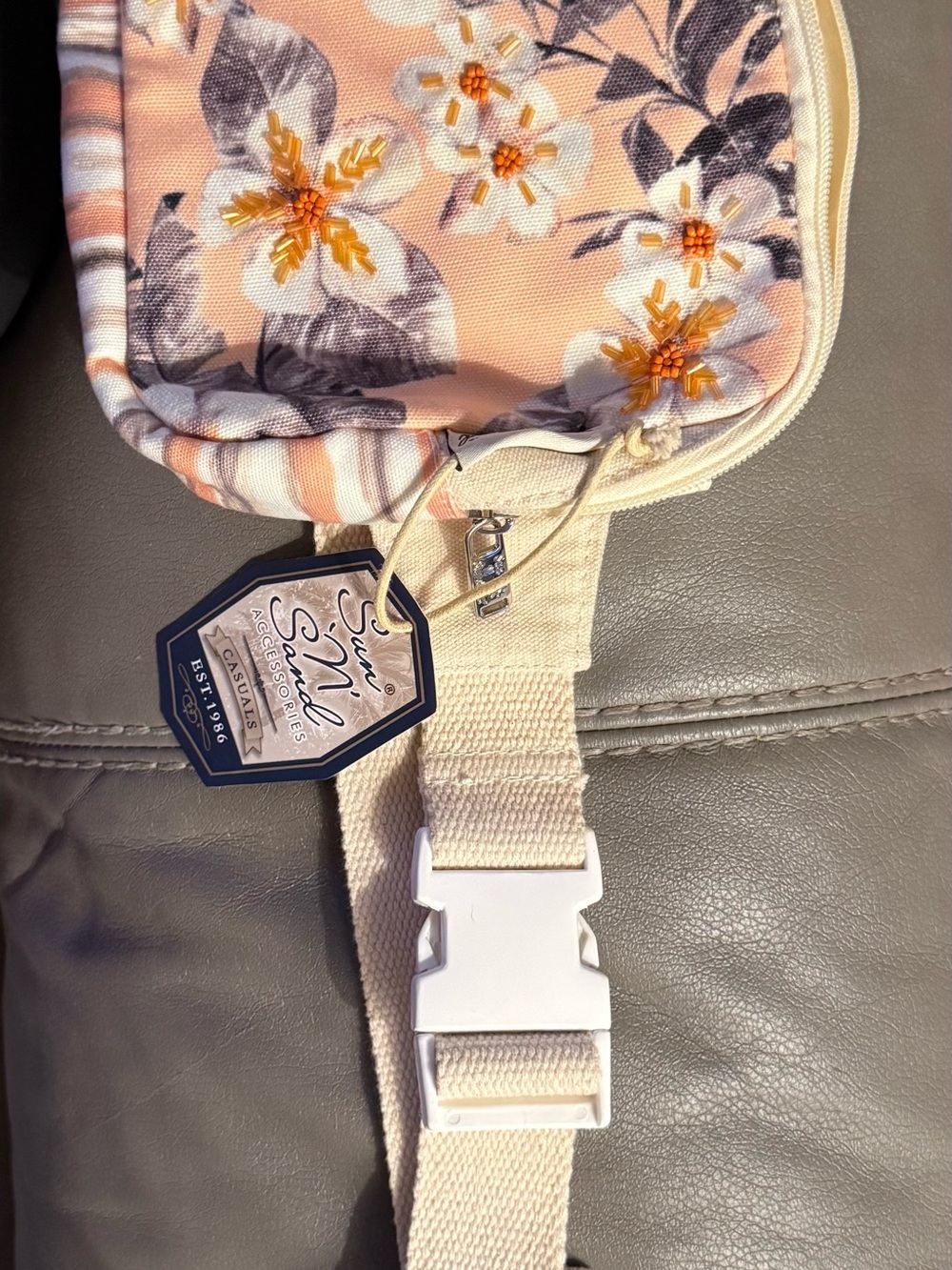 Peach Floral Crossbody Bag with Cream Strap by